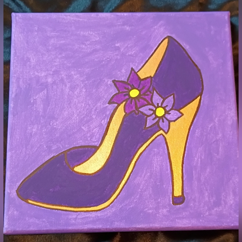 Hand-Painted Original Acrylic Art: Purple Floral High Heel Canvas 10x10 - Picture 3 of 4
